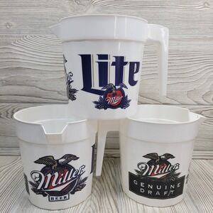 Miller Beer Pitchers Set of 3 White Plastic Lite Genuine Draft Vintage USA‎